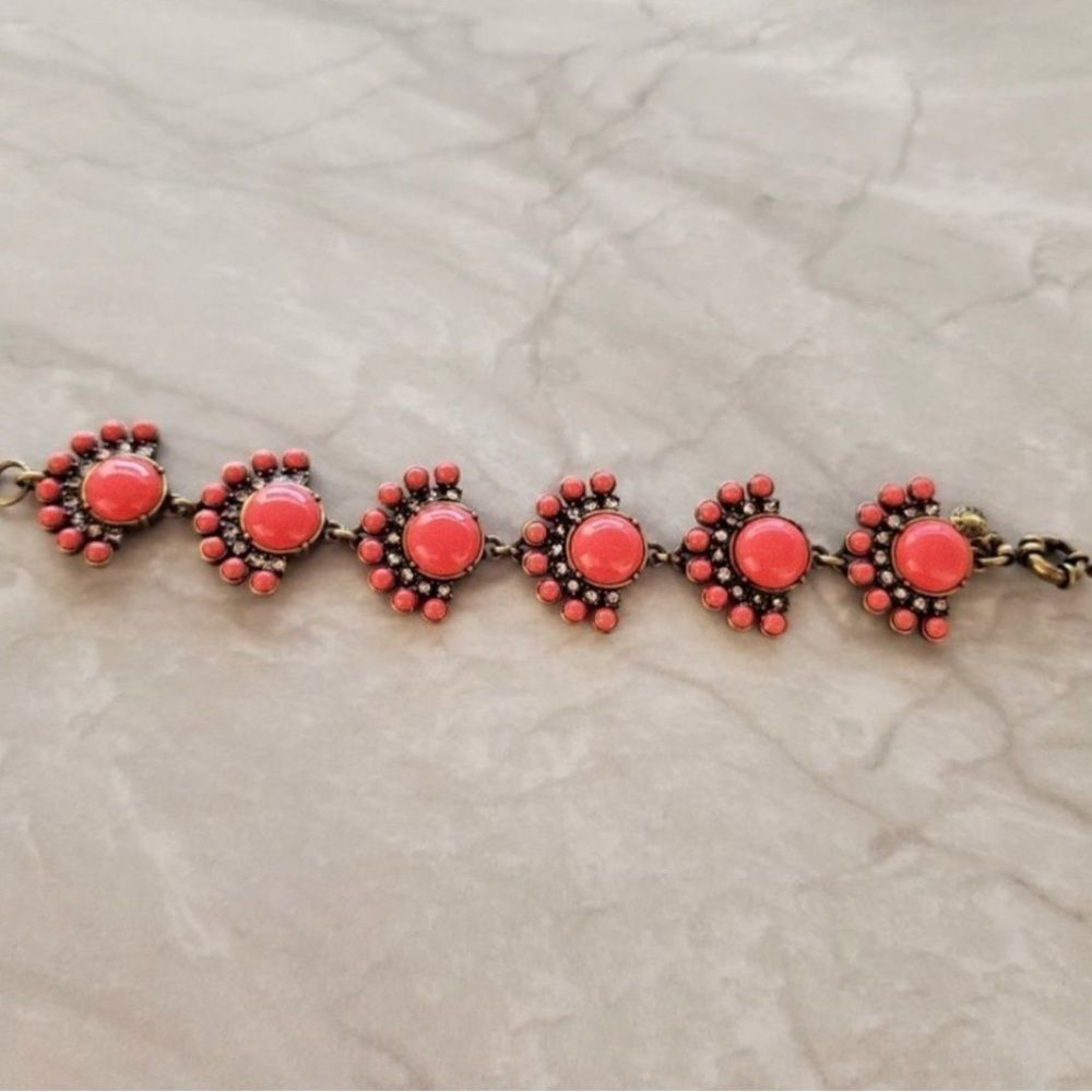 J.Crew Red Pink Coral Enamel Bubble Rhinestones Pave Bracelet Antiqued